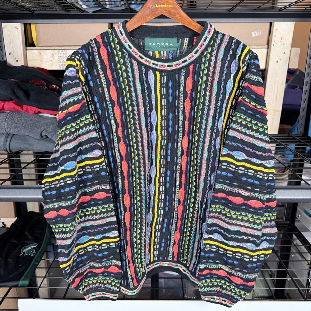 TUNDRA CANADA Mens Black Multi Color‎ Knit Sweater Crewneck Long Sleeve Size L